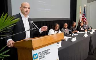 Launch of the report of the Ad Hoc Committee on Black People Experiencing Homelessness at California African American Museum, Los Angeles (February 2019). Glenn Harris, President, Race Forward; Jacqueline Waggoner, LAHSA Com-missioner and Chair of the Ad Hoc Committee; Earl Edwards, UCLA; Reba Stevens, Mental Health Commissioner and Lived Expertise; Dr. Va Lecia Adams Kellum, President and CEO, St Joseph Center; Dr Jack Barbour, CEO, SCHARP.