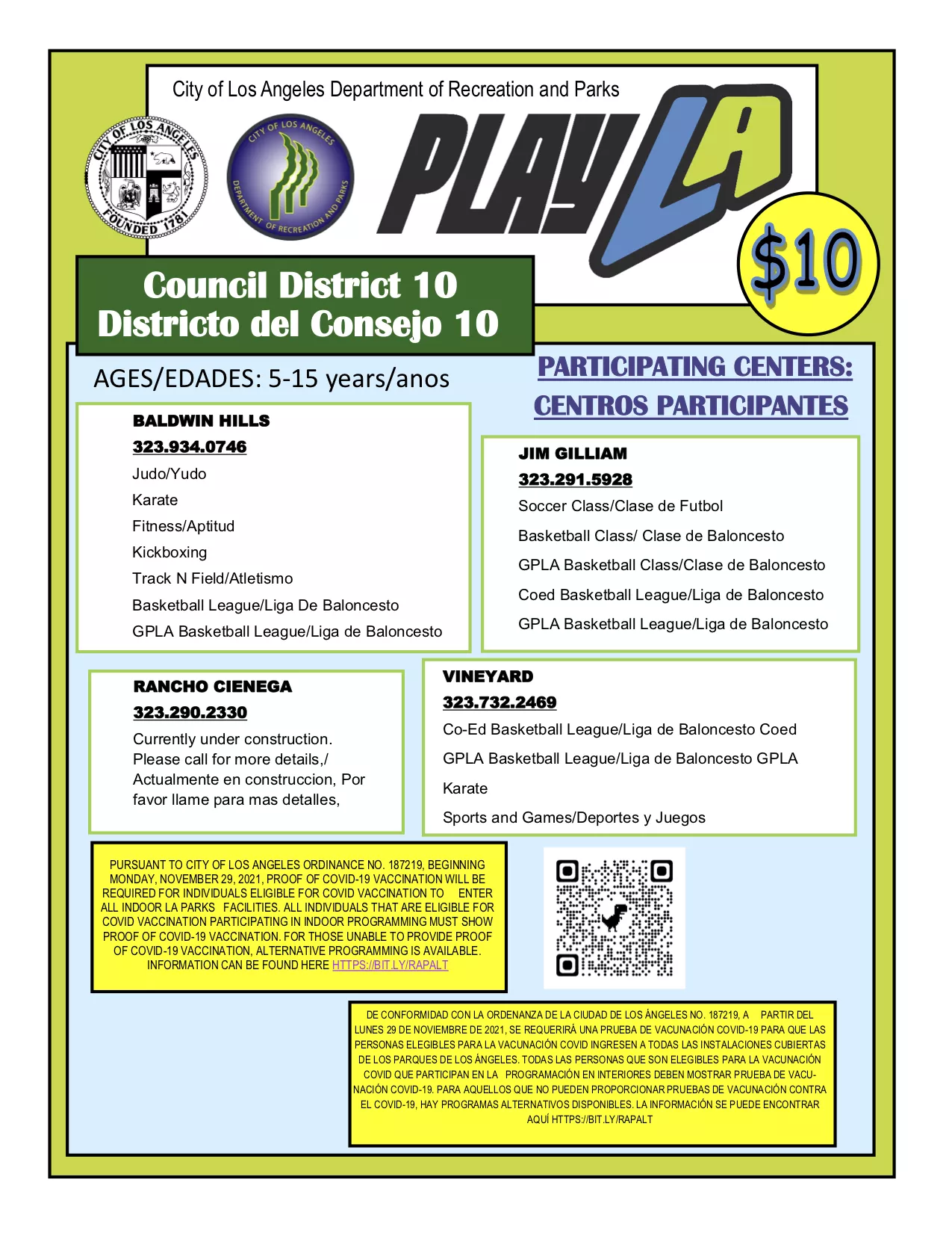 Winter PlayLA flier with program information for CD10 parks
